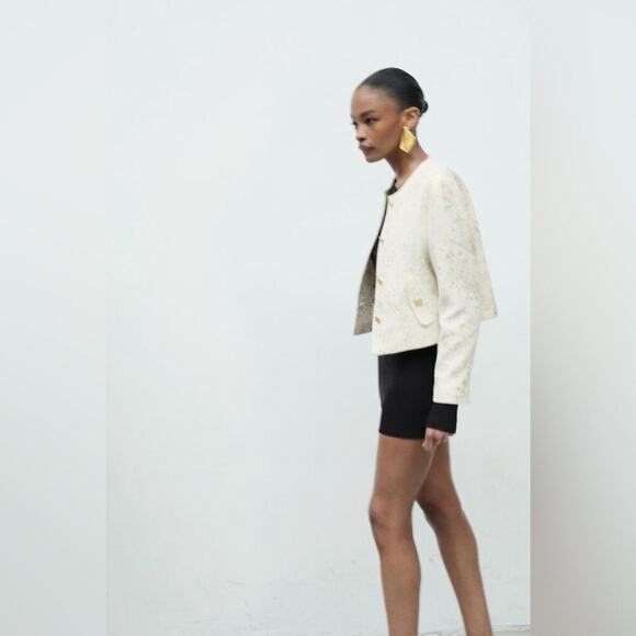 ZARA CROPPED FOIL GOLDEN BLAZER Size Extra Large XL - Picture 4 of 11